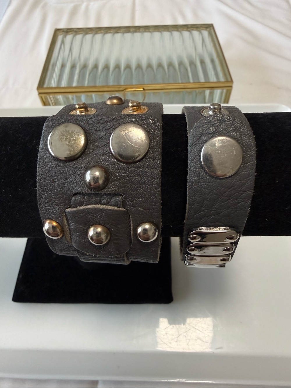 Set of 2-Studded Gray Leather Cuff Bracelets with Silver & brass  Hardware